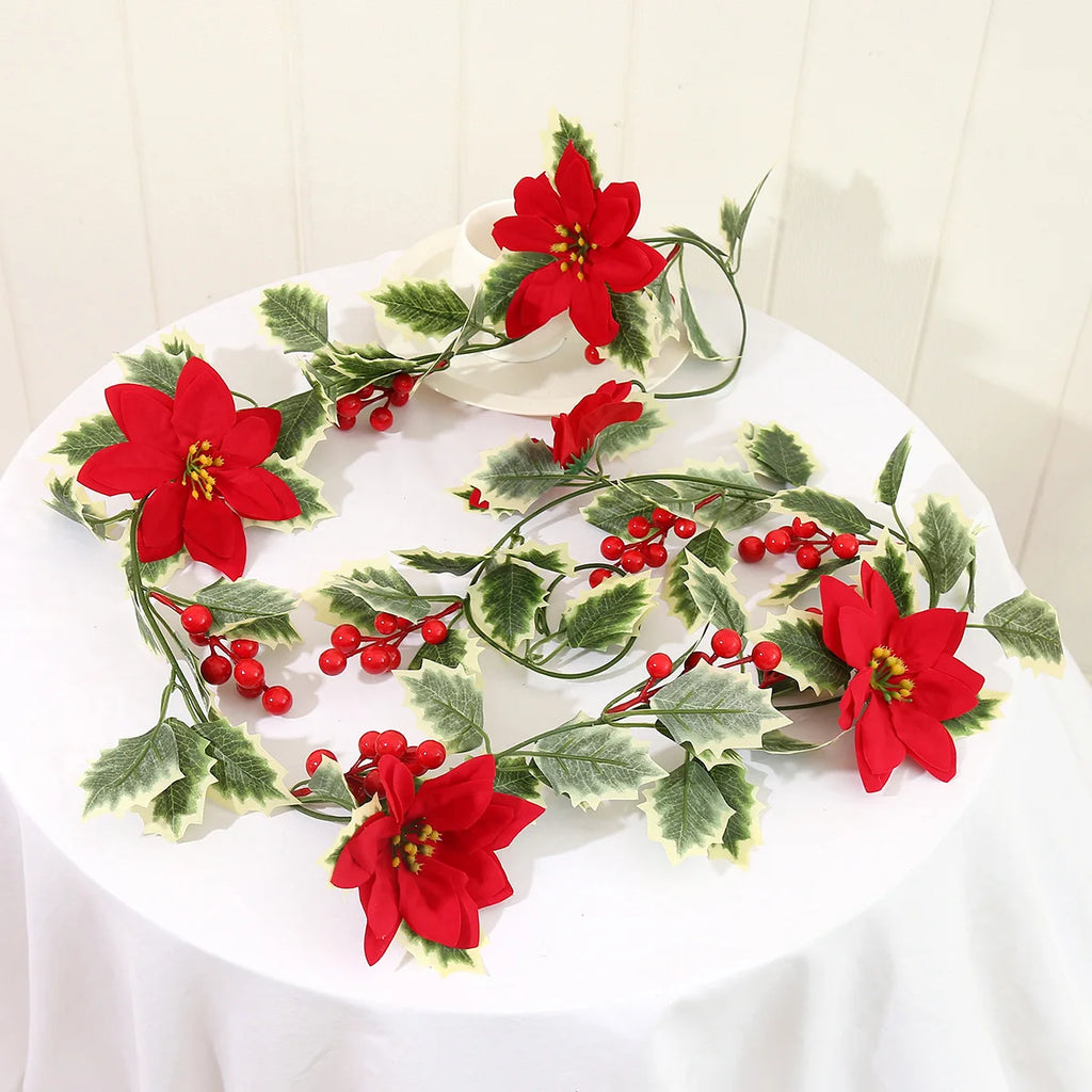 Artificial Holly Vine Red Berries Poinsettia indoor
