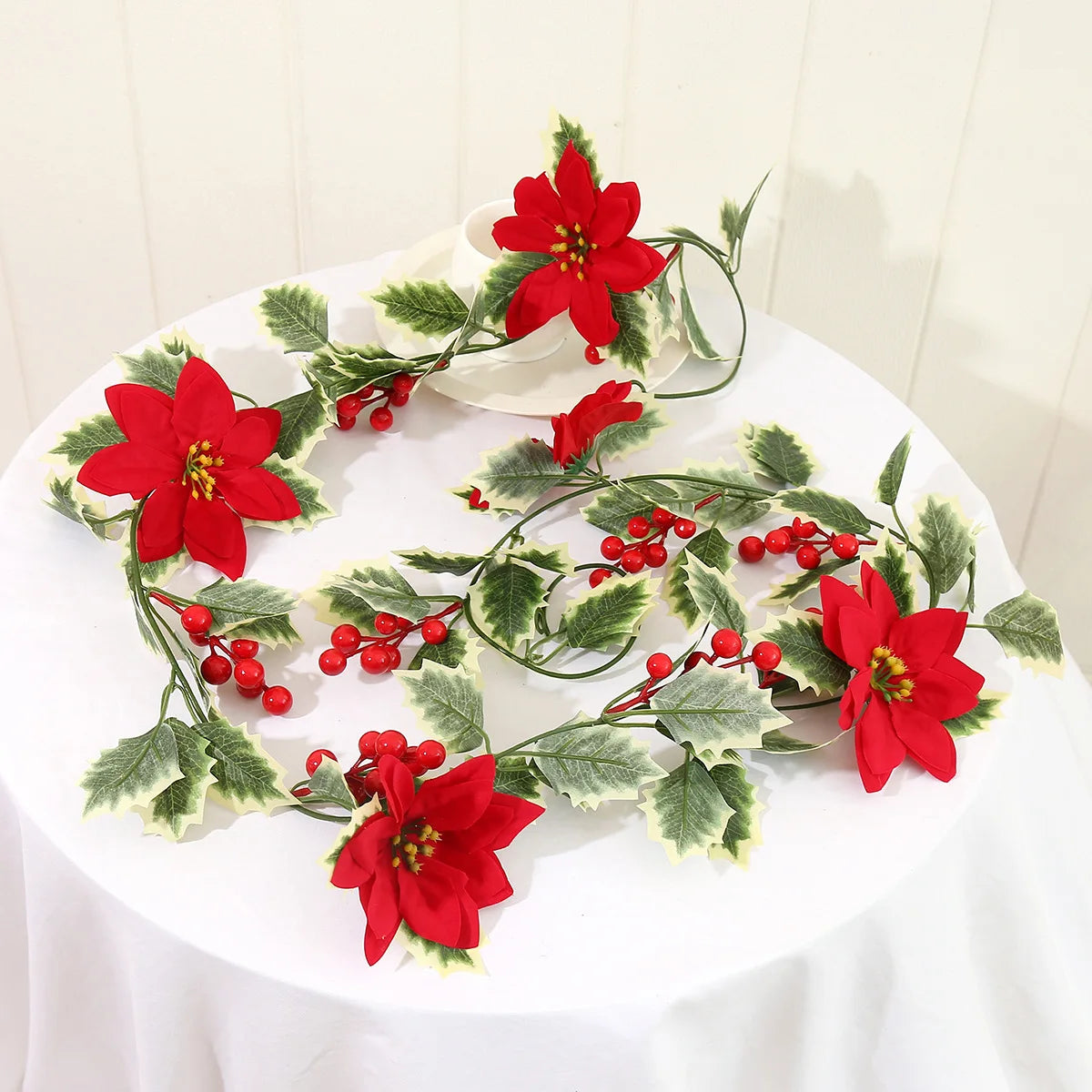 Artificial Holly Vine Red Berries Poinsettia indoor
