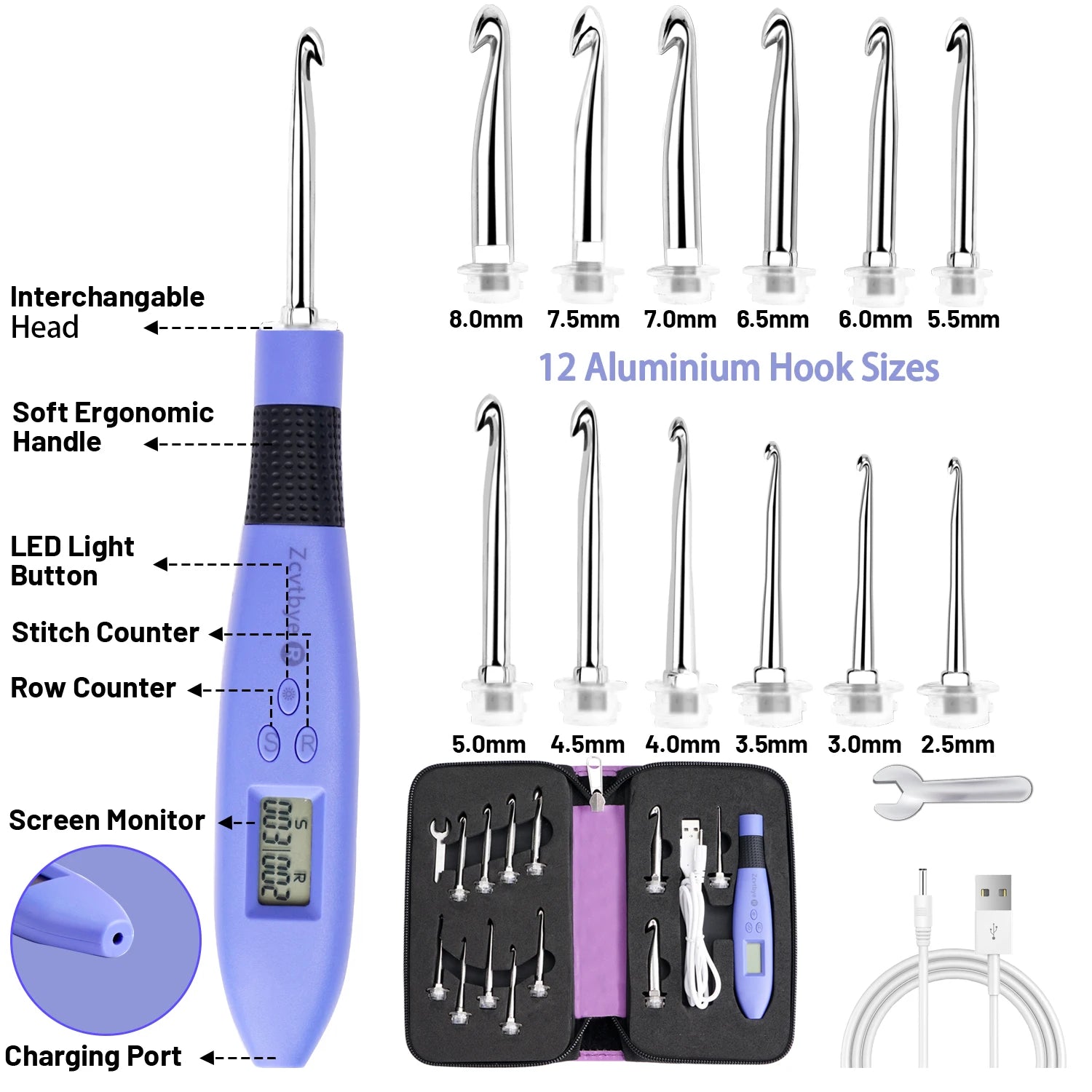 12pcs Lighted Ergonomic Crochet Hook Set